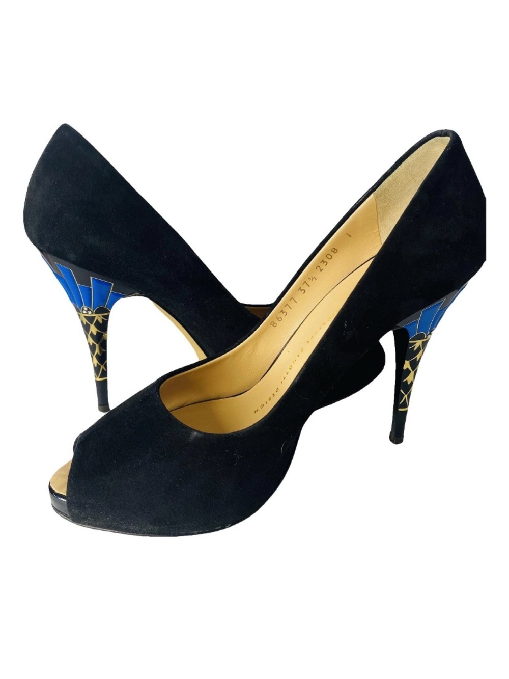 🛍️ Giuseppe Zanotti Black Suede Pumps with Blue & Gold Patterned Heels